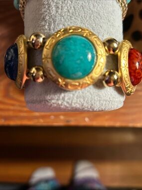 Gold-Tone Multi-Stone Bracelet with Turquoise, Blue and Red Cabochons